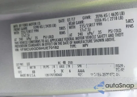 2017 Ford Escape Se z USA, uszkodzony, nr VIN 1FMCU0GD9HUE70182